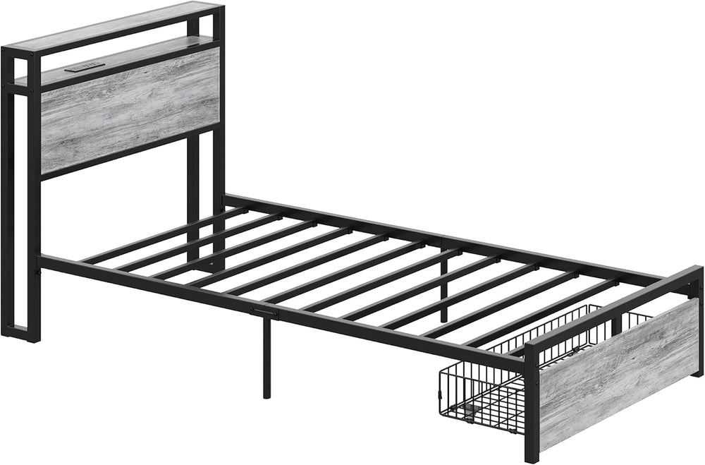 LIKIMIO Twin Bed Frames with Drawer and Charging Station, Industrial Gray