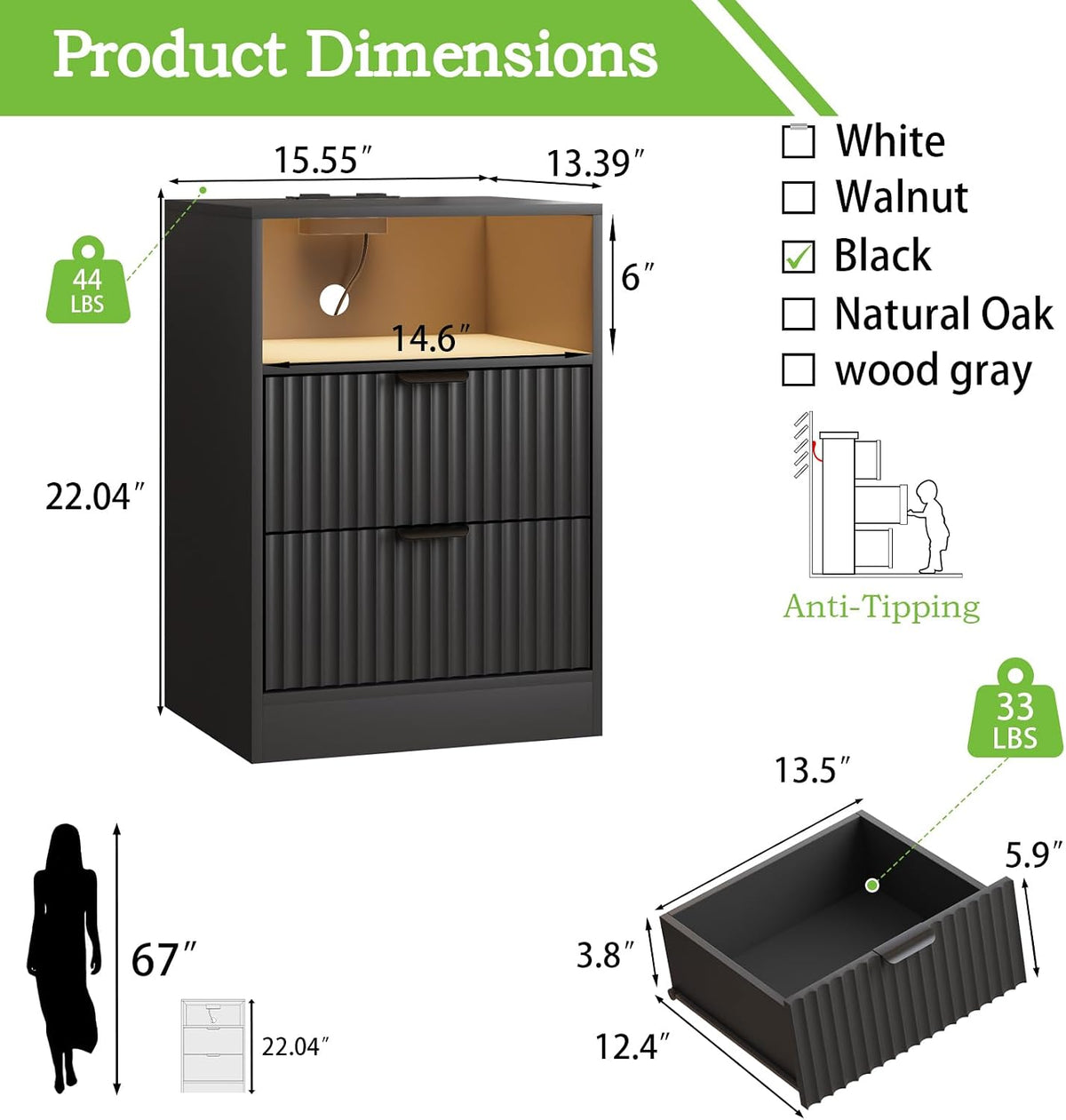 black night stand set 2, led nightstand with shown in use