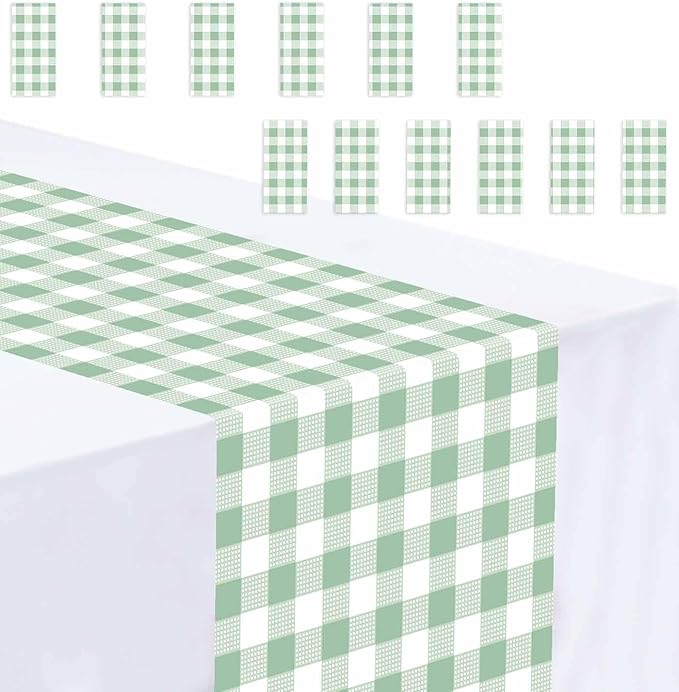 12 Pcs Sage Green and White Checkered Table Runner Plastic 14 x 108 Disposable by MUNILAIL