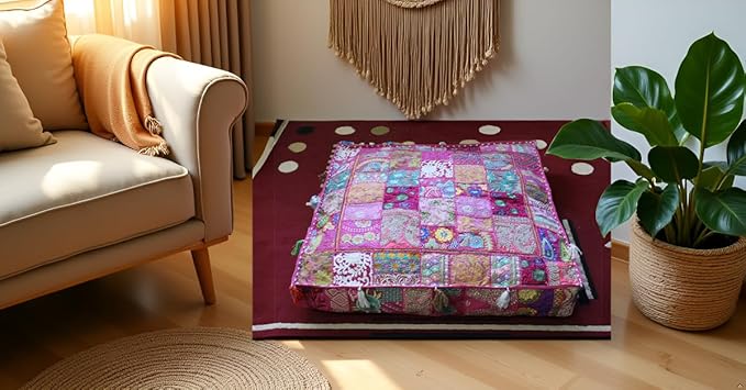 CRAFT KALA Indian Square Patchwork Traditional Pouf Cover Indian Living Room - Image 4