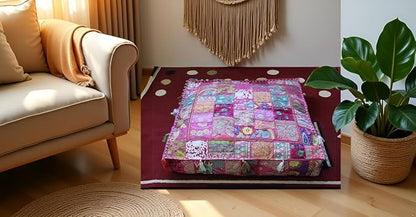 CRAFT KALA Indian Square Patchwork Traditional Pouf Cover Indian Living Room - Image 4