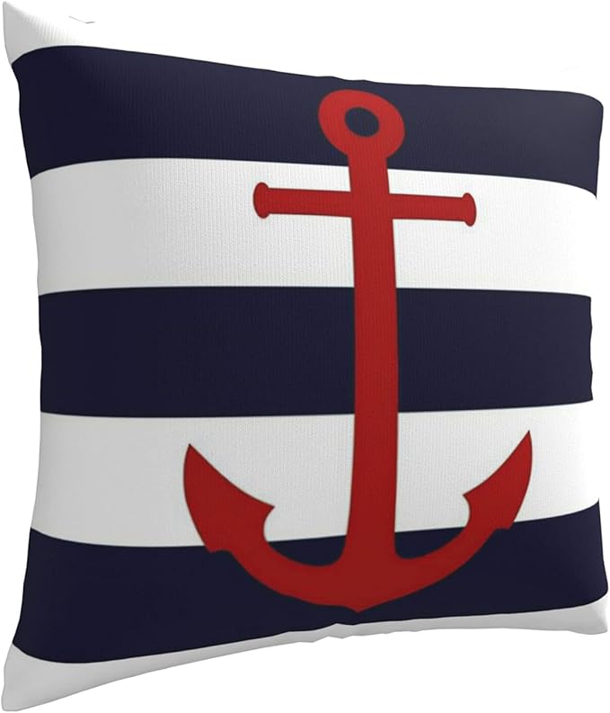 Myshe Square Nautical Red Anchor On Navy Blue Stripes Throw Pillow Cover - Image 2