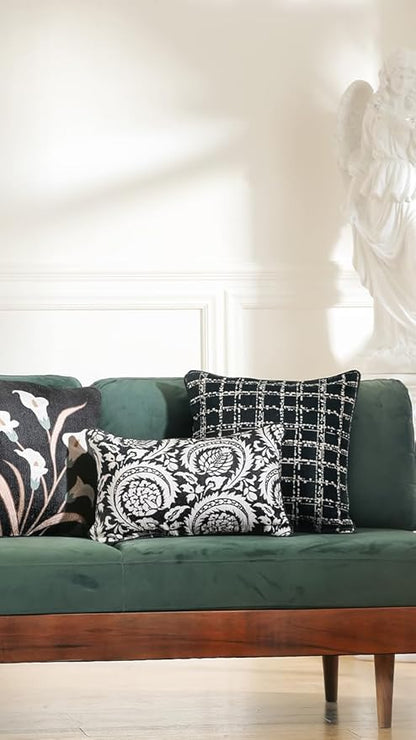 Black Rectangle Throw Pillow Covers, French White Floral Pattern Velvet Pillow - Image 7
