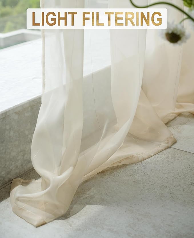Stripe Beige Sheer Curtains 108 inch Length 2 Panels - Image 6
