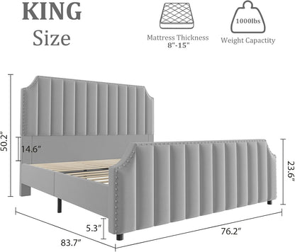 garvee king size velvet bed frame, upholstered platform shown in use