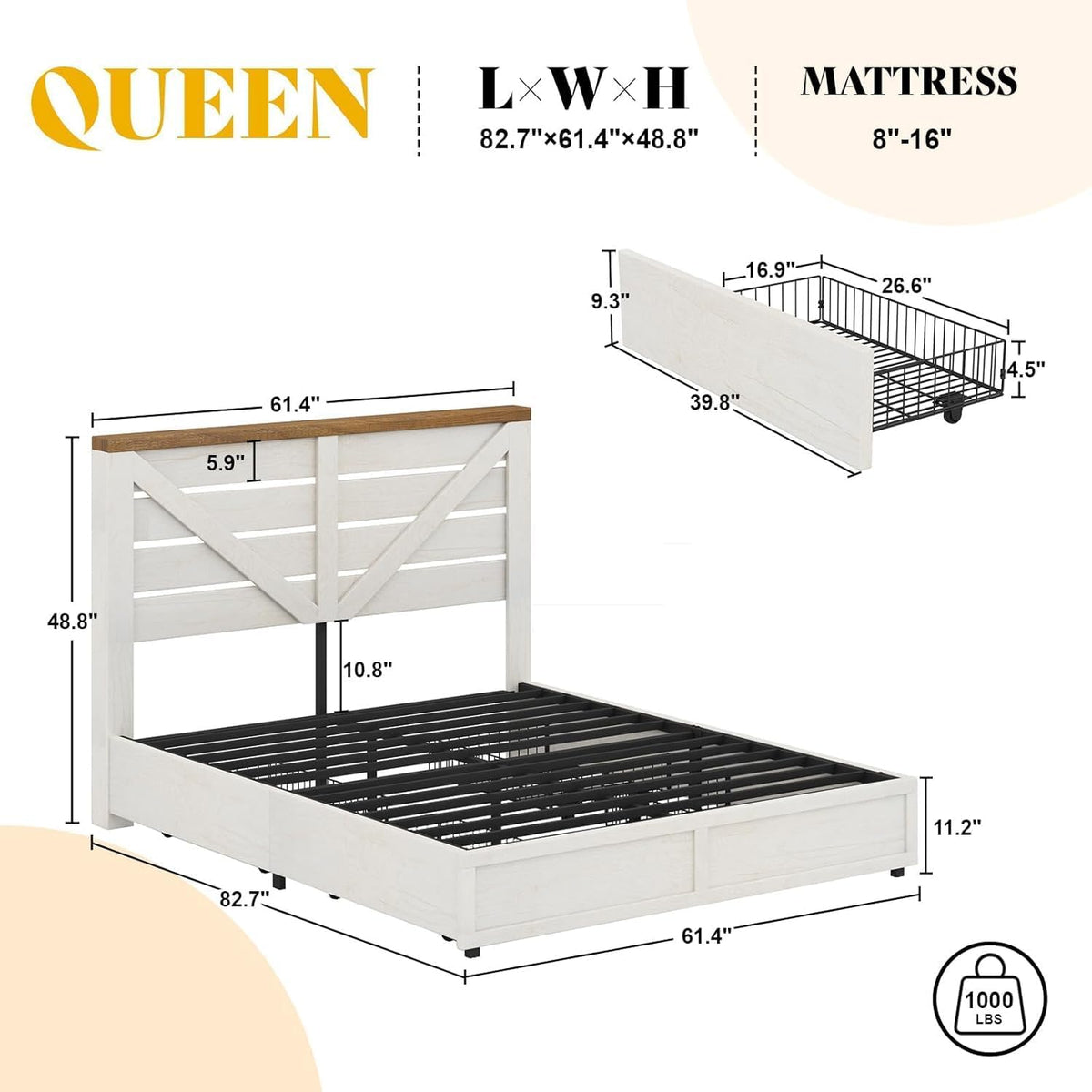 amerlife queen size farmhouse bed frame with 4 shown in use