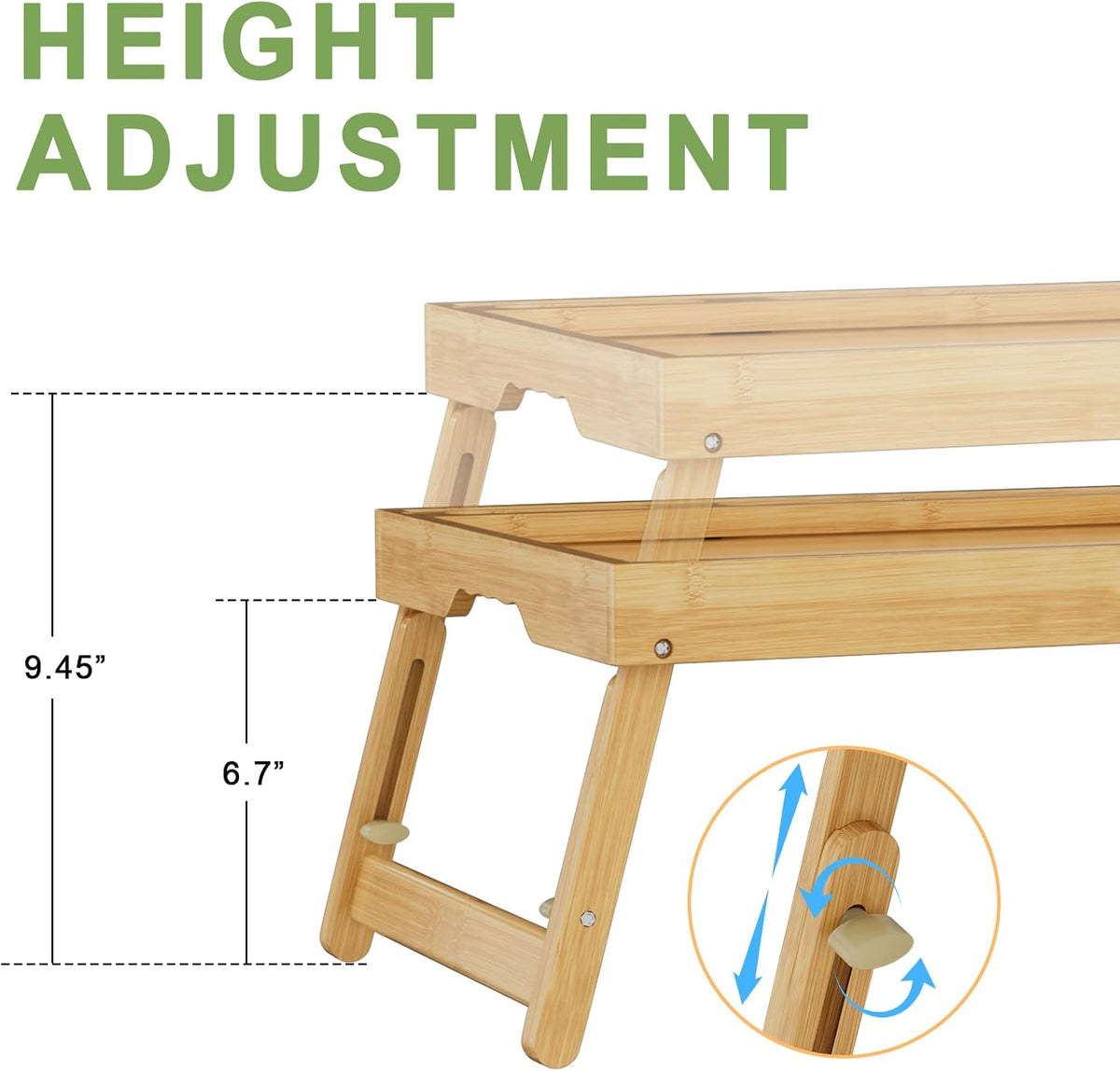 artmeer adjustable bamboo bed tray table with device showing dimensions
