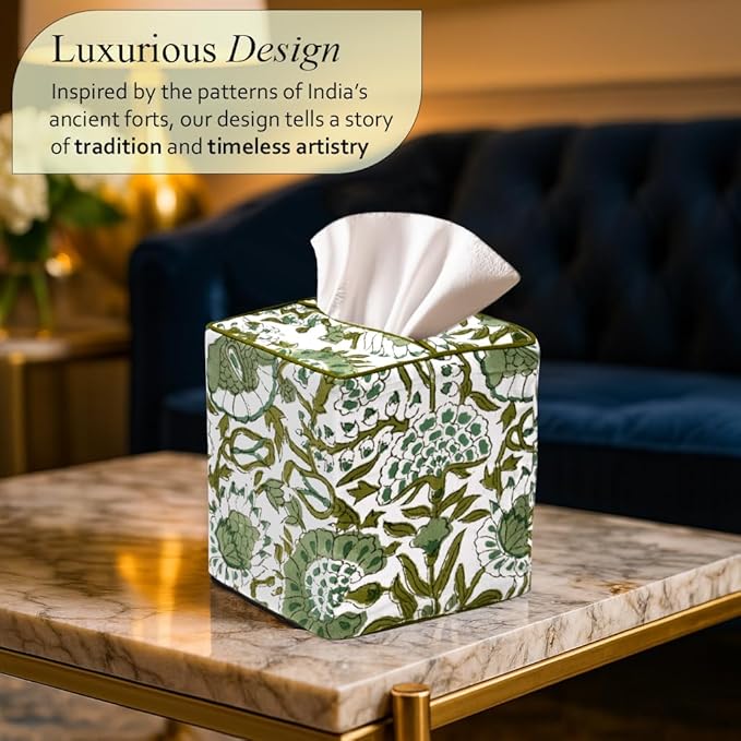 CPC Agate Green Hand Block Printed Cotton Tissue Box Cover 5" x 5" x 5.5" - Image 2