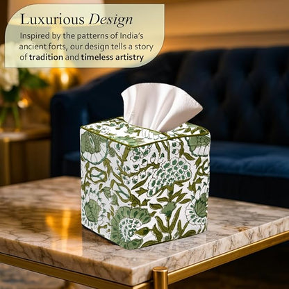 CPC Agate Green Hand Block Printed Cotton Tissue Box Cover 5" x 5" x 5.5" - Image 2