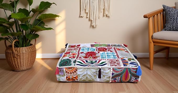 CRAFT KALA Indian Square Patchwork Traditional Pouf Cover Indian Living Room - Image 4