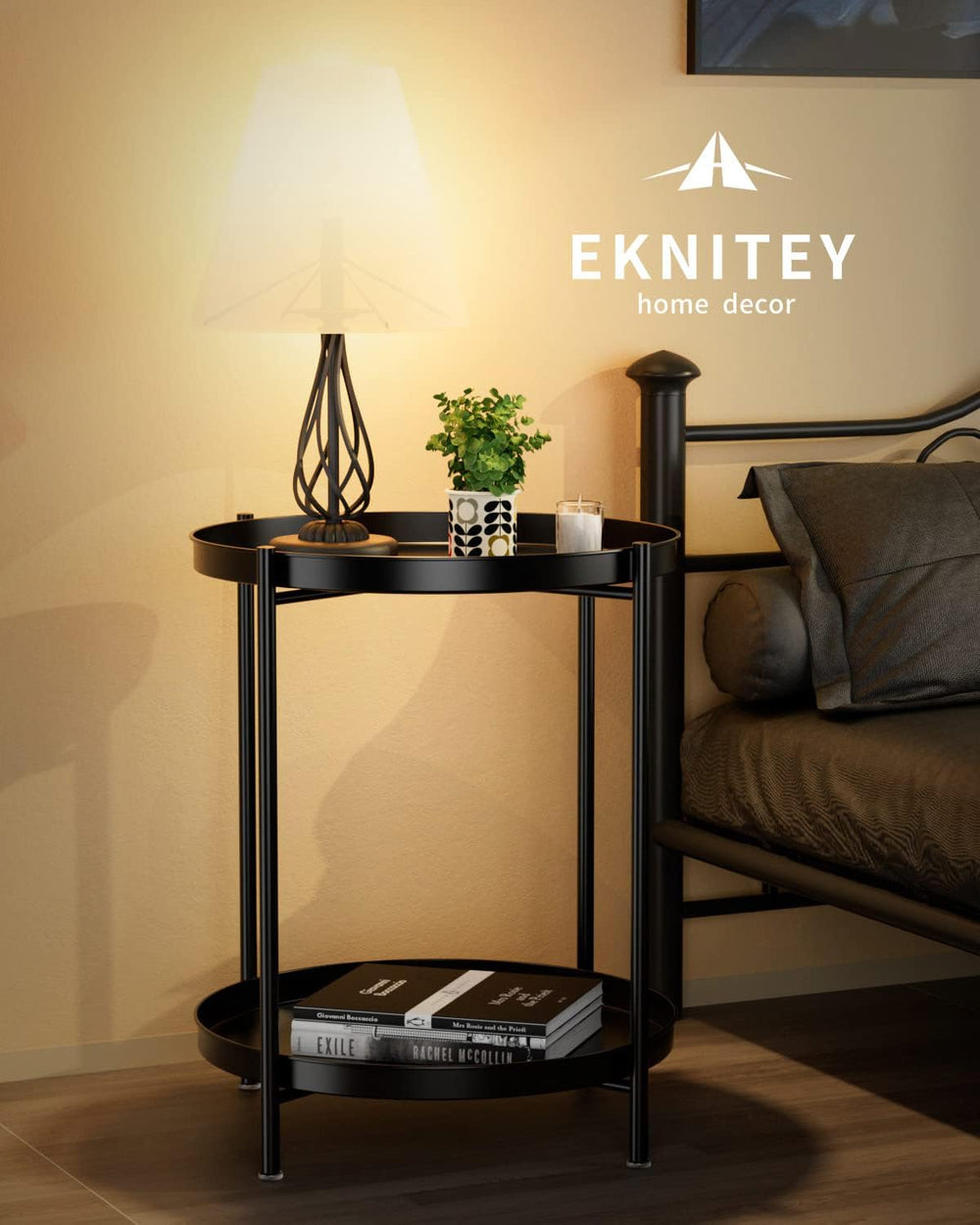 EKNITEY 2 Tier End Table - Metal Side Table with Removable Tray (Black)
