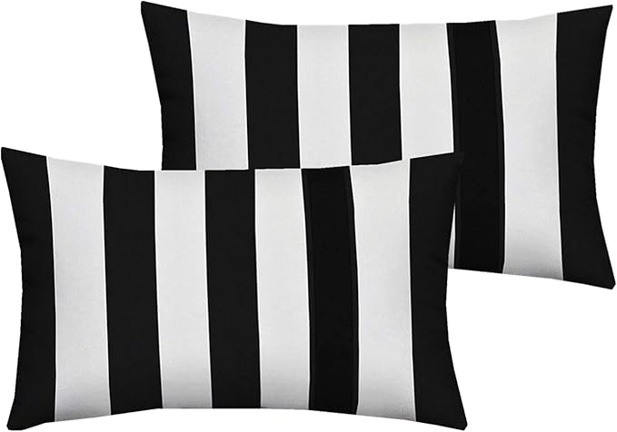 Leaveland White and Black Stripe Set of 2 12x20 Inch Cotton Polyester Square by Leaveland
