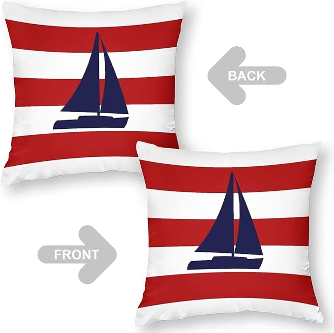 Myshe Square Nautical Navy Blue Sailboat On Red Stripes Throw Pillow Cover - Image 4