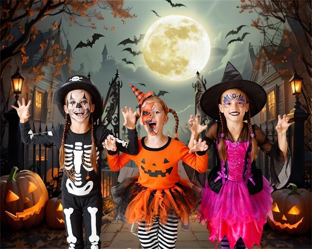 12x8ft Halloween Backdrop Scary Full Moon Night Pumpkin Ghost Castle Halloween Photo Backdrops for Photography Haunted House Back Drop for Picture Booth Props Party Decorations