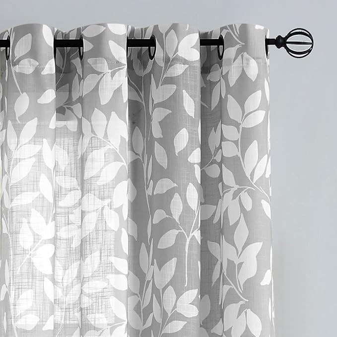 Grey White Sliding Door Curtain 84 inch Length Semi Sheer Leaf Print Curtains - Image 2