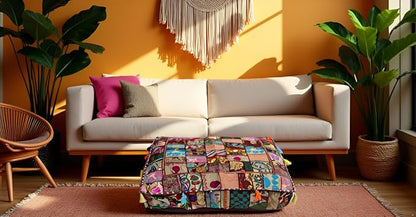 CRAFT KALA Indian Square Patchwork Traditional Pouf Cover Indian Living Room - Image 4