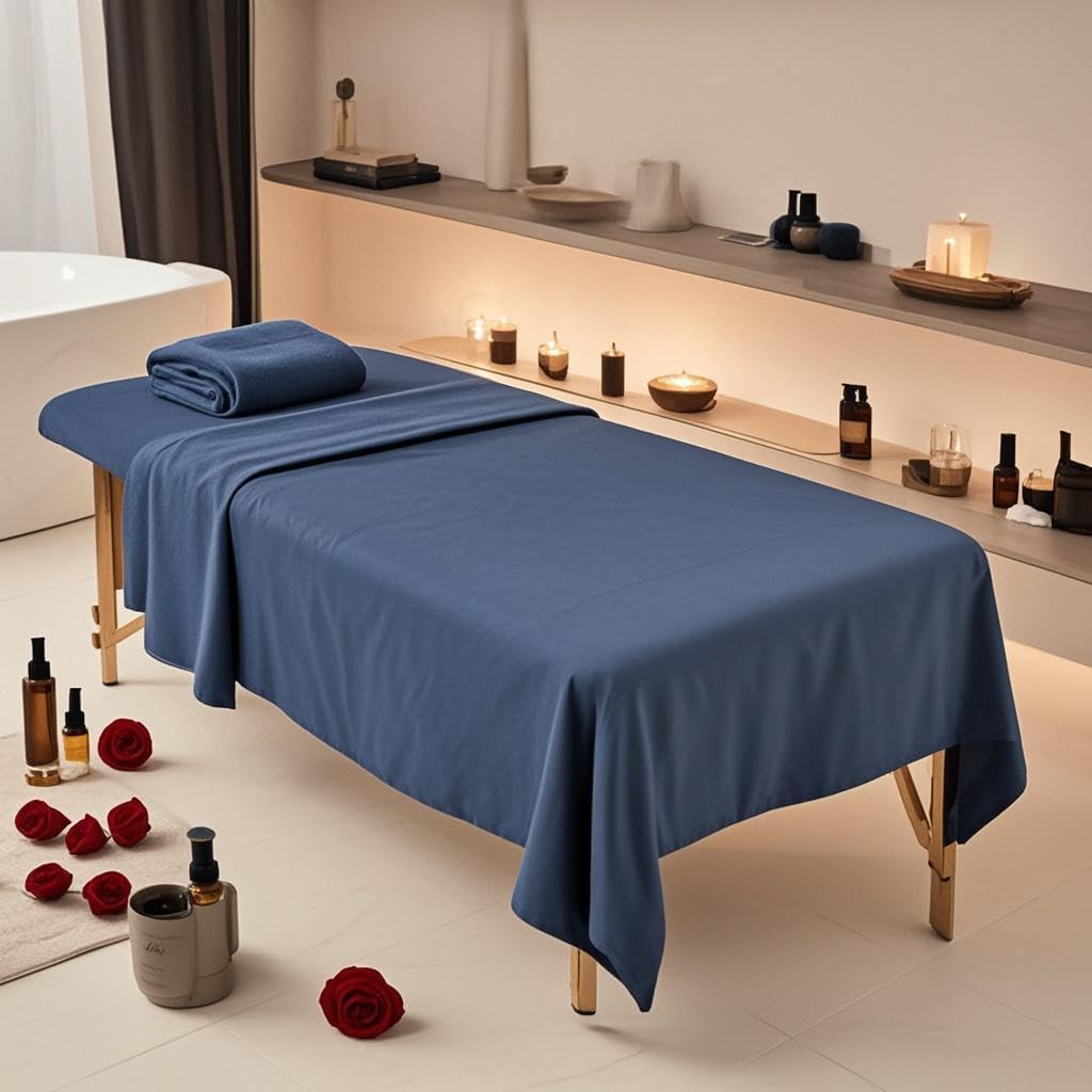4 sets extra thick blue massage table sheets shown in use