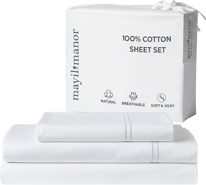 100% Natural Cotton Bed Sheets | 500 TC Single-Ply Sateen Weave Twin XL Sheets by MayilManor