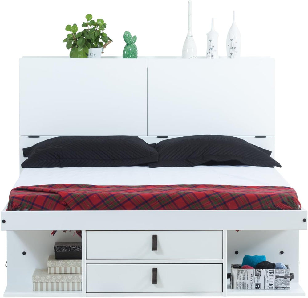 memomad Bali Chest Set: Bed + Storage Headboard, Queen Size, Matte White