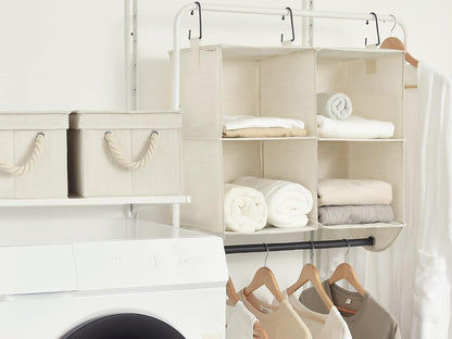 storageworks hanging closet organizer with rod, 4 sections showing dimensions