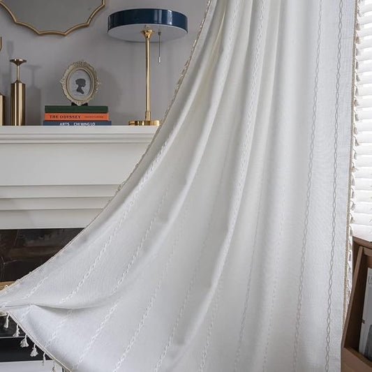 ColorBird Boho White Long Curtains Sliding Doors 96 Inches Farmhouse Cottage by ColorBird