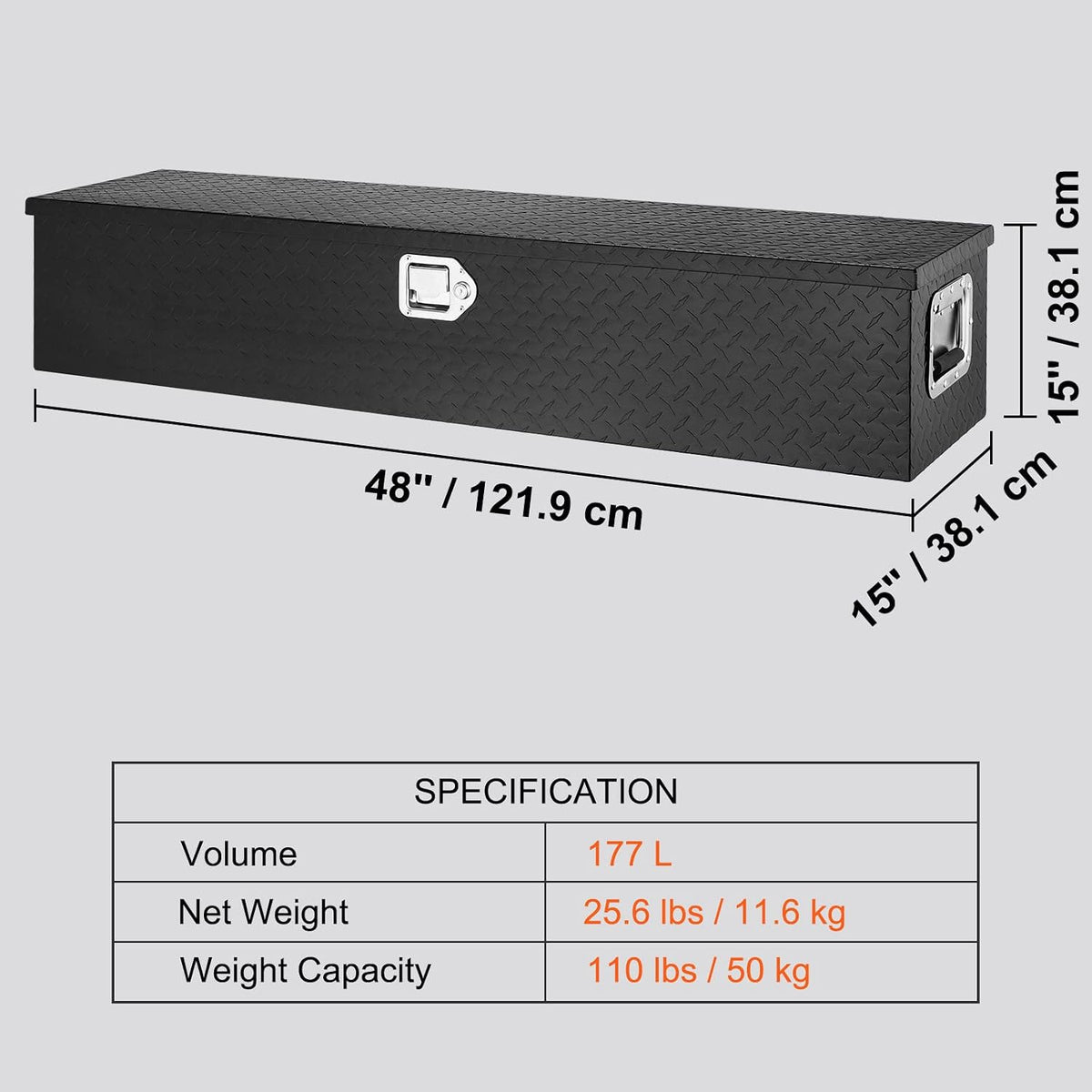 vevor heavy duty aluminum truck bed tool box on a desk or shelf