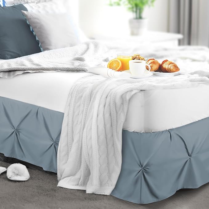 Nestl Stone Blue Bed Skirt Queen Size, Pinch Pleat Queen Bed Skirt, Hotel - Image 8