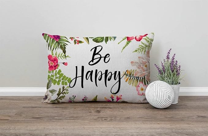 12x20 Inches Pillow Covers Rustic Farmhouse Decor Be Happy Pillowcases Cotton - Image 4