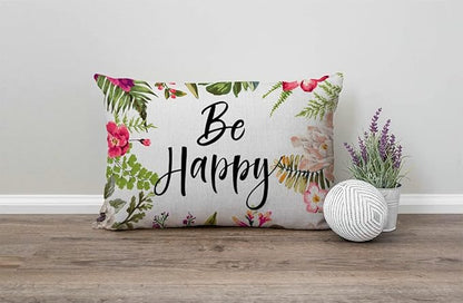 12x20 Inches Pillow Covers Rustic Farmhouse Decor Be Happy Pillowcases Cotton - Image 4