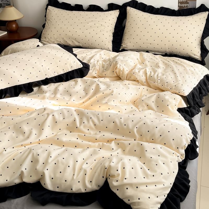 INFLAG Ruffle Duvet Cover 100% Washed Cotton Vintage Bow Duvet Cover with Zipper Ties, Soft Farmhouse Flower Bedding Set (02,Full/Queen 80"x90")
