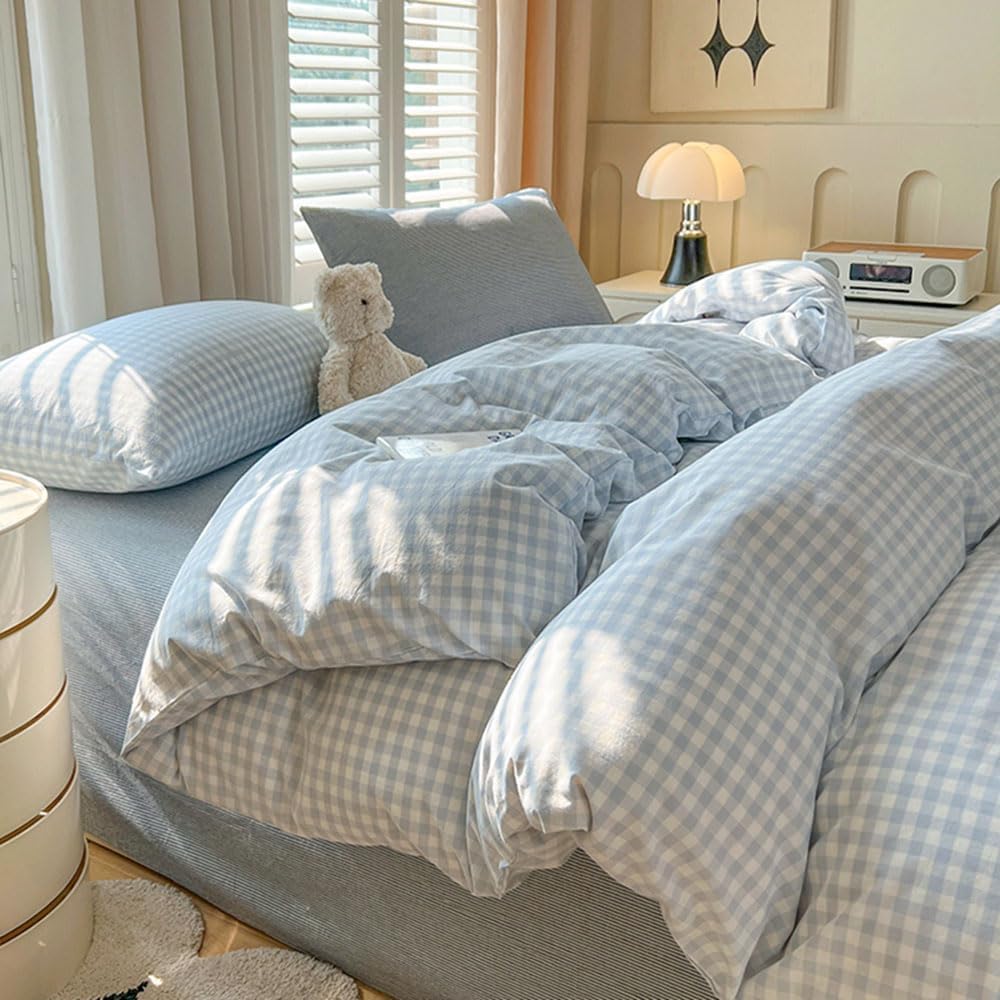 nayoroom gingham duvet cover set queen blue white shown in use