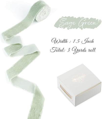Sage Green Velvet Ribbon 1.5 inch Green Frayed Velvet Ribbon Dusty Green Raw - Image 2