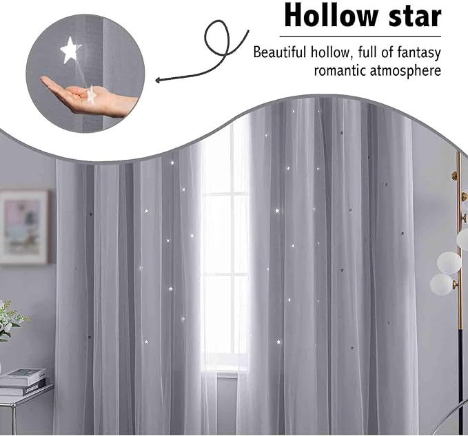 Anytime Romantic Kids Curtain, Hollow-Out Stars Window Curtain Double Layer - Image 6
