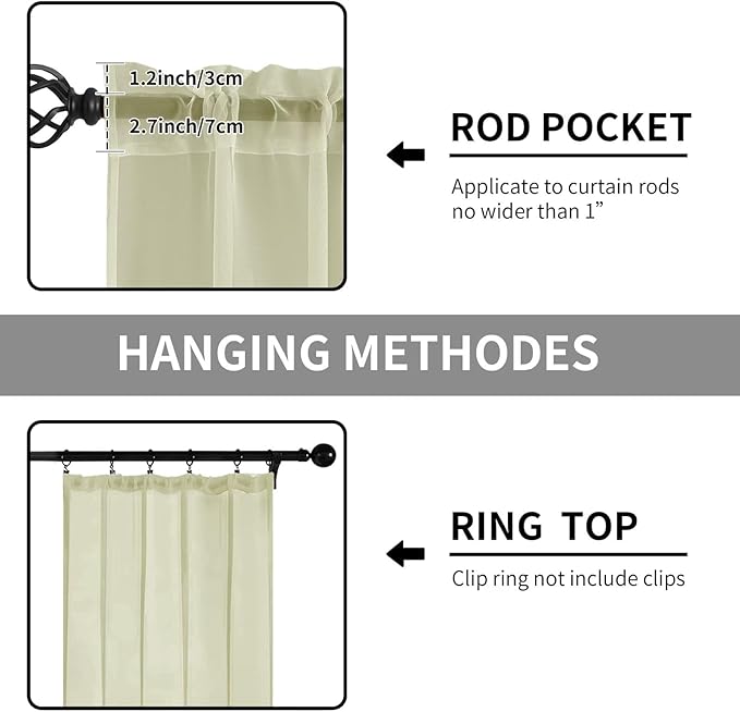 Sheer Curtains 72 Inches Long 2 Panels, Rod Pocket Short Curtain - Image 2