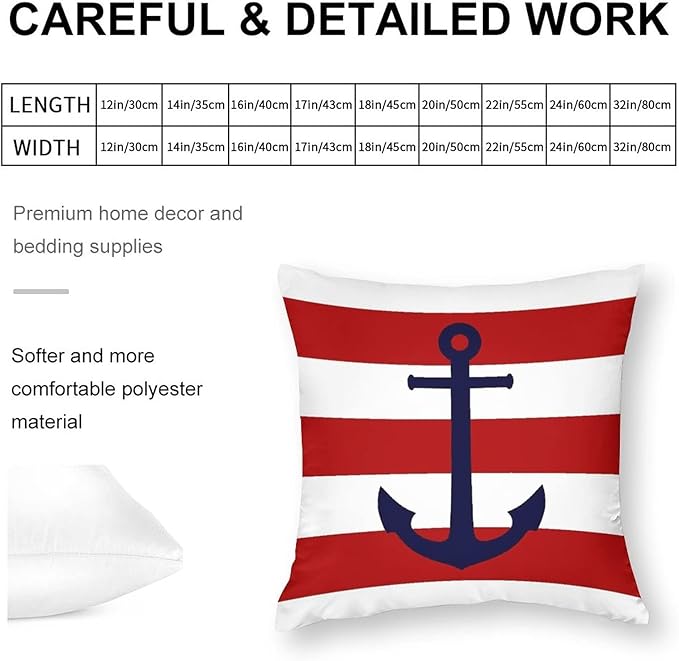 Myshe Square Nautical Navy Blue Anchor On Red Stripes Throw Pillow Cover - Image 2