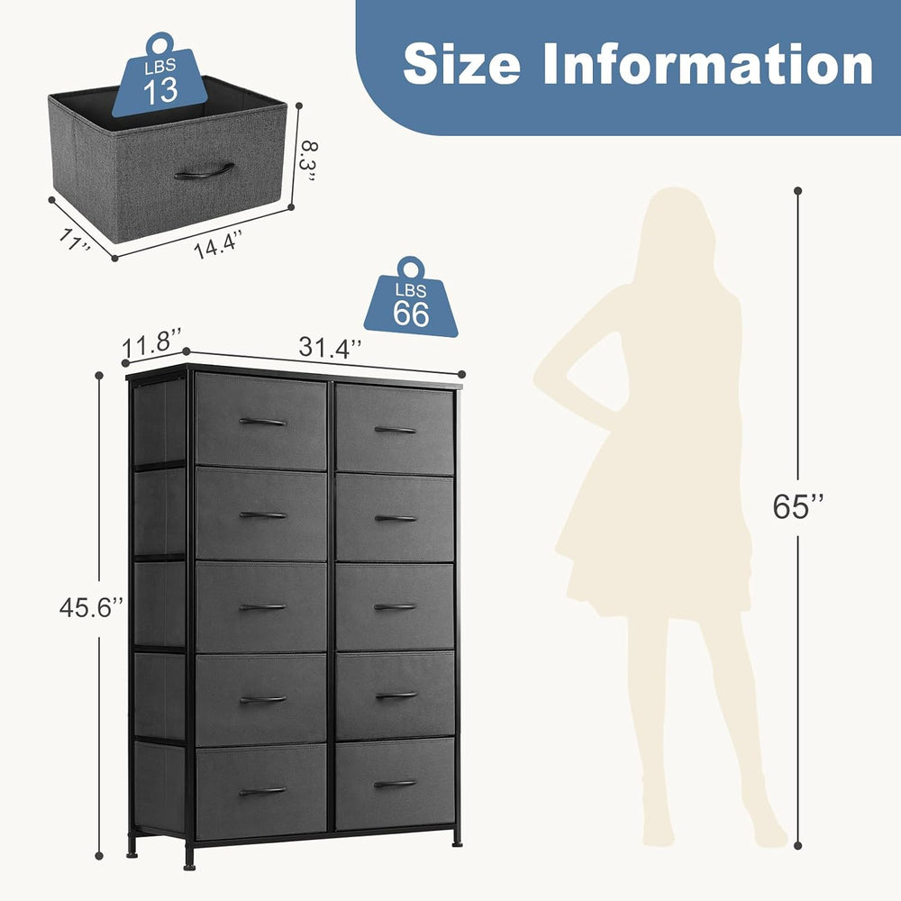 DUMOS 10 Drawer Tall Dresser for Bedroom & Living Room, Grey