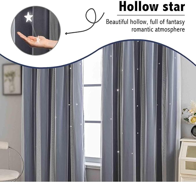 Anytime Romantic Kids Curtain, Hollow-Out Stars Window Curtain Double Layer - Image 6