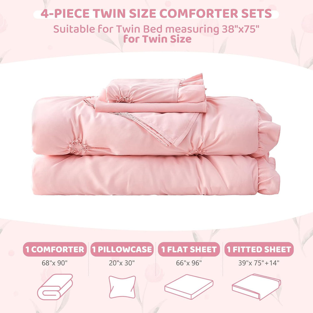 Twin Comforter Set for Girls, Boho Pintuck Bedding Comforter Sets, 4 Pieces R...