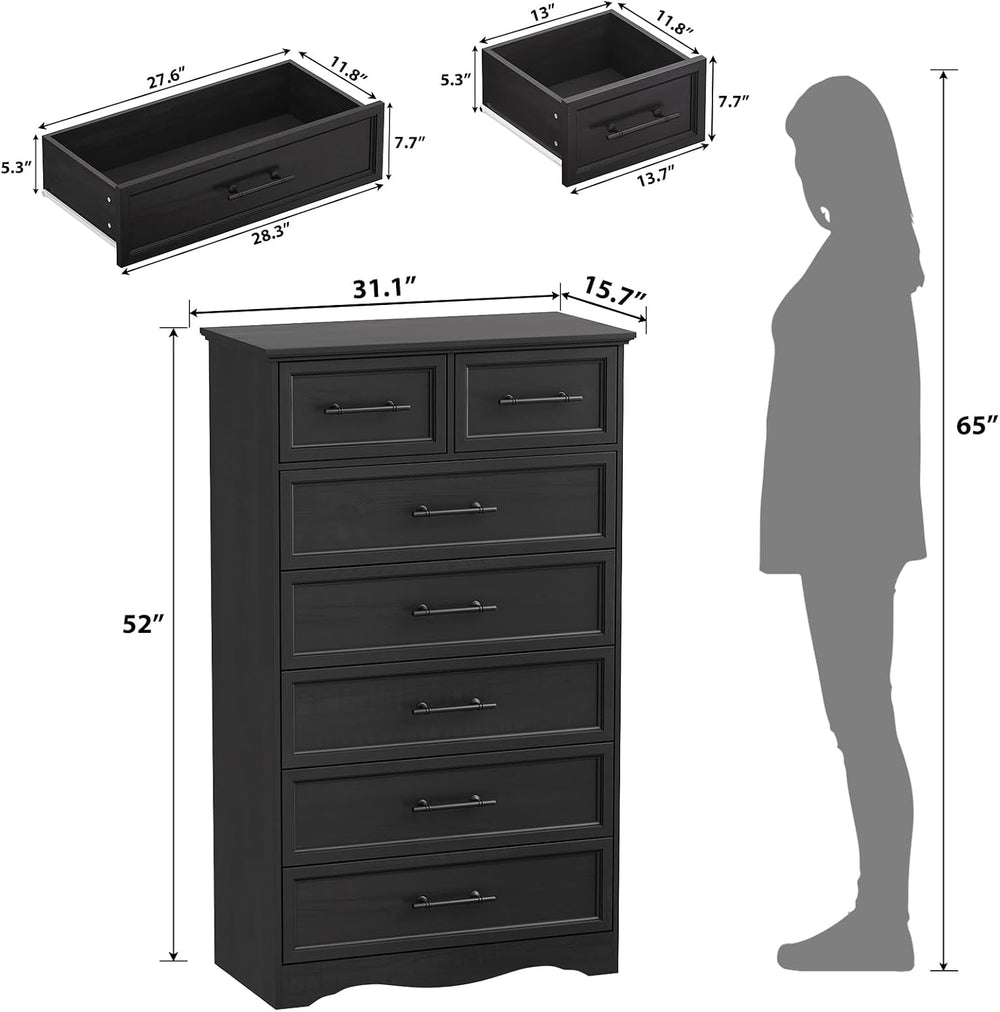 Black 7-Drawer Dresser for Bedroom, 52" Tall Chest of Drawers