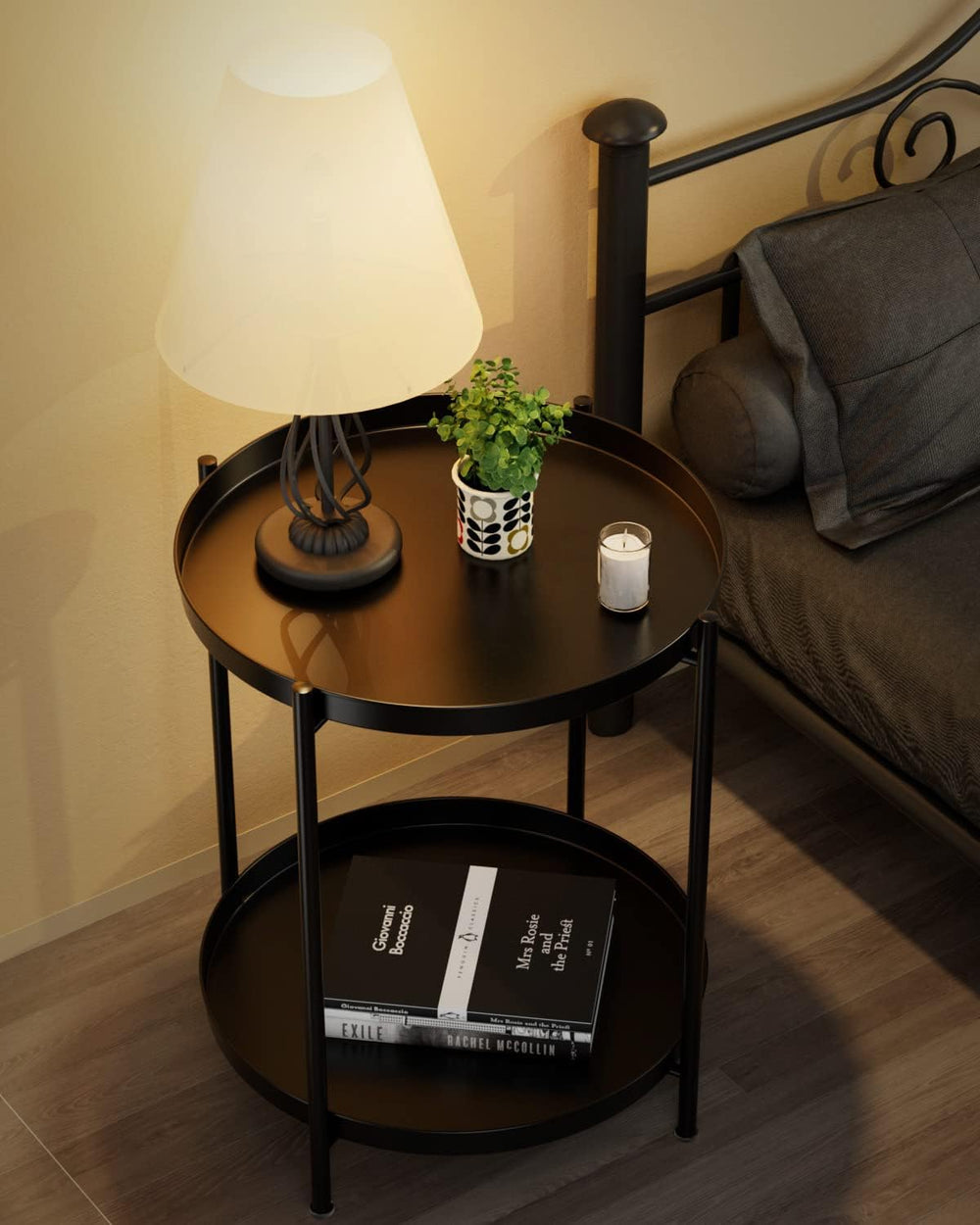 EKNITEY 2 Tier End Table - Metal Side Table with Removable Tray (Black)