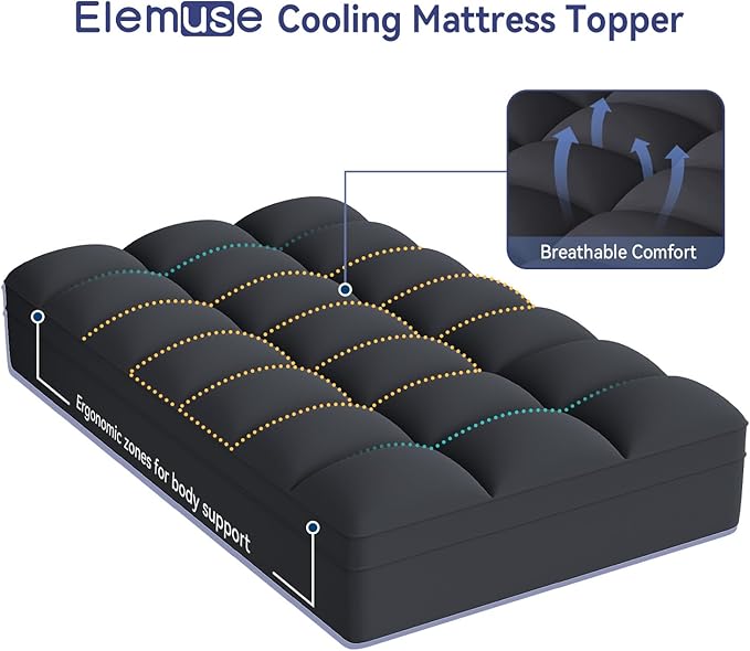 ELEMUSE Twin XL Black Cooling Mattress Topper, Pillow Top, 100% Polyester - Image 2