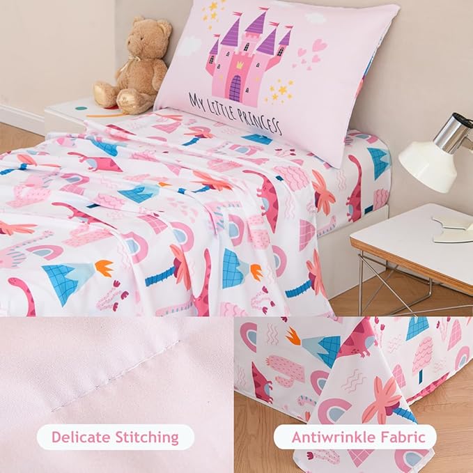 PERFEMET 4 Pieces Girls Toddler Bedding Set Pink Castle Fairy Tales Toddler - Image 4