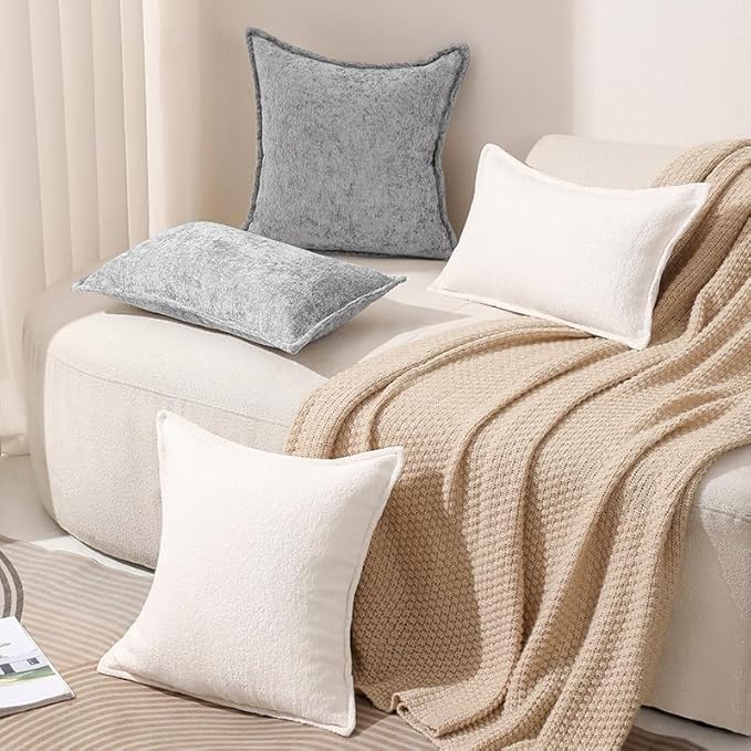 Pack of 2 Cream White Decorative Throw Pillow Covers 22x22 Cozy Soft Chenille - Image 4