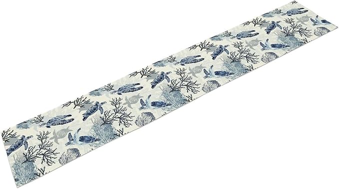 Summer Turtle Table Runner, Cartoon Sea Turtle Tropical Ocean Beach Teal - Image 7