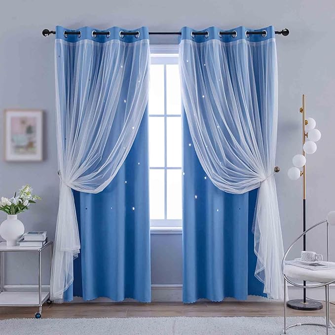 Anytime Romantic Kids Curtain, Hollow-Out Stars Window Curtain Double Layer by Anytime