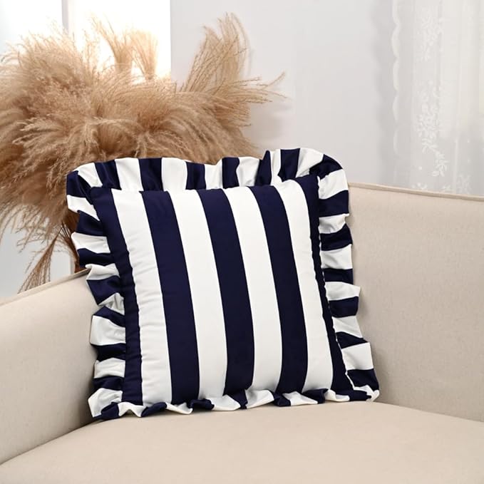 vctops Ruffle Square Throw Pillow Covers Boho Navy and White Striped Decorative - Image 3