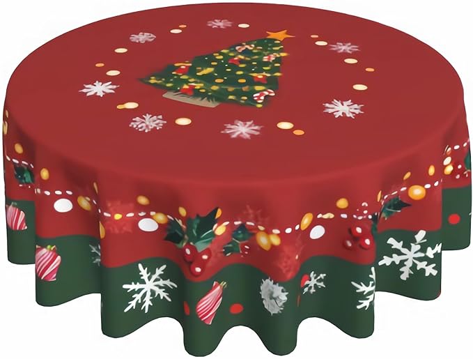 Christmas Tree Round Tablecloth 60 Inch, Christmas Snowflake Decorations Round by GJLNTRF