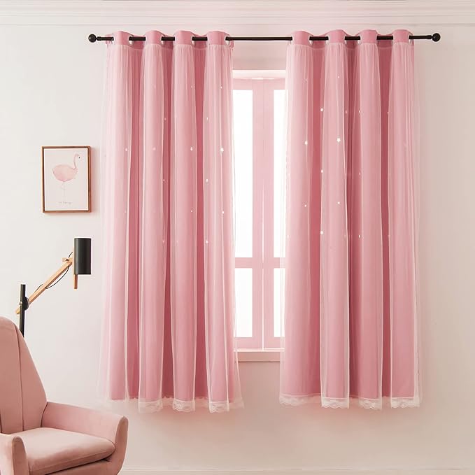 Pink Curtains for Girls Bedroom Living Room 72 Inch Length Star Cut Out Double - Image 2