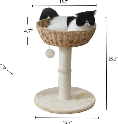 shengocase cat tree tower with rattan wicker basket showing dimensions