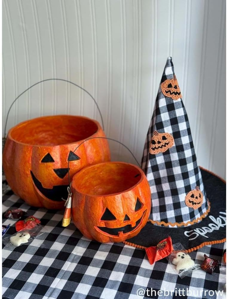 Mud Pie Paper Mache Pumpkin Treat Buckets, Set of 2 Halloween Candy Pails